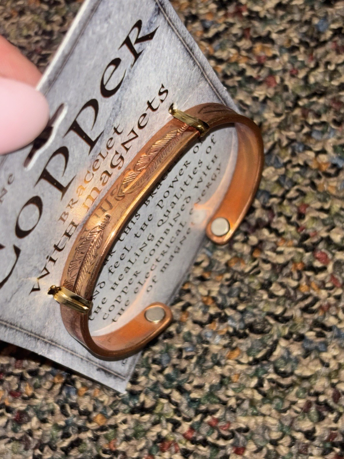 Copper Bracelet Cuff Band With Magnets Feather Engraving Healing Power