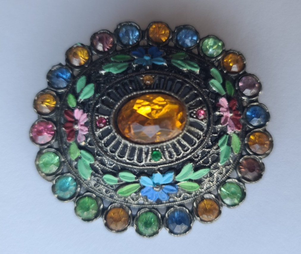 Vintage Signed L/N Little Nemo Large Blue Rhinestone Green Painted Enamel Brooch