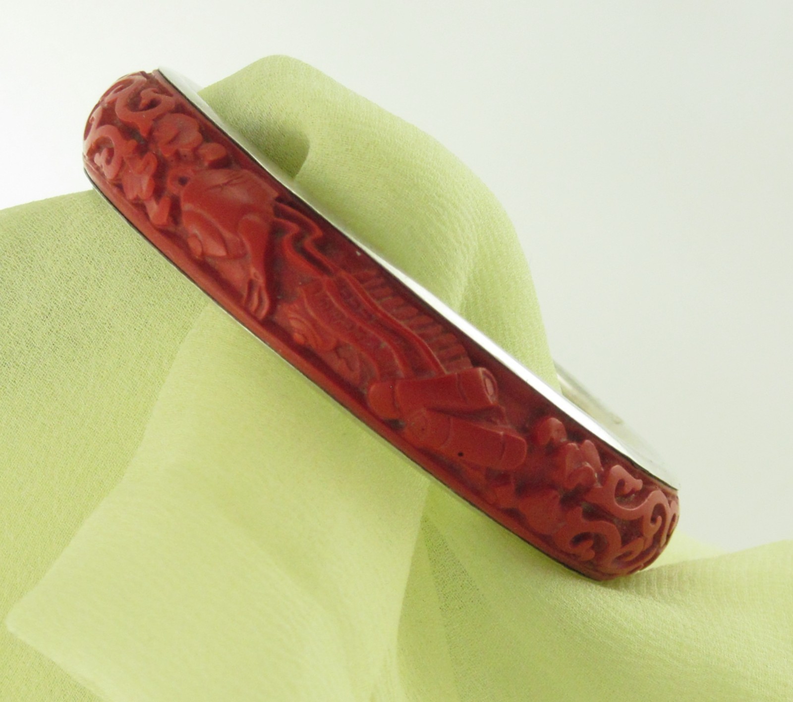 Carved Chinese Cinnabar Bangle Bracelet BJ 925 Silver; Tea Ceremonial Service