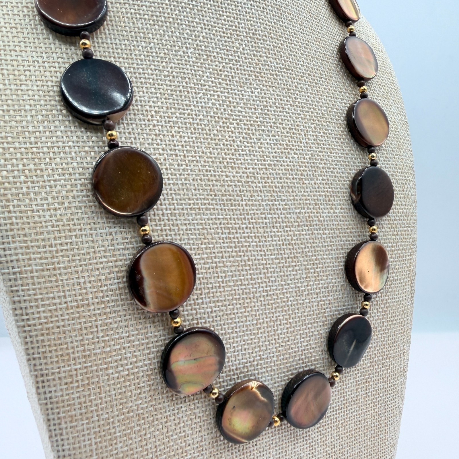 Vintage Golden Brown Shell Disc Necklace MOP Retro Boho 90s Chunky Statement