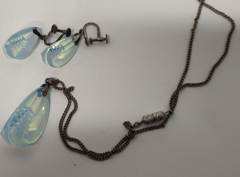 Japan Blue Intaglio Pagoda Opaline Glass Sterling Silver Pendant+Screw Earrings