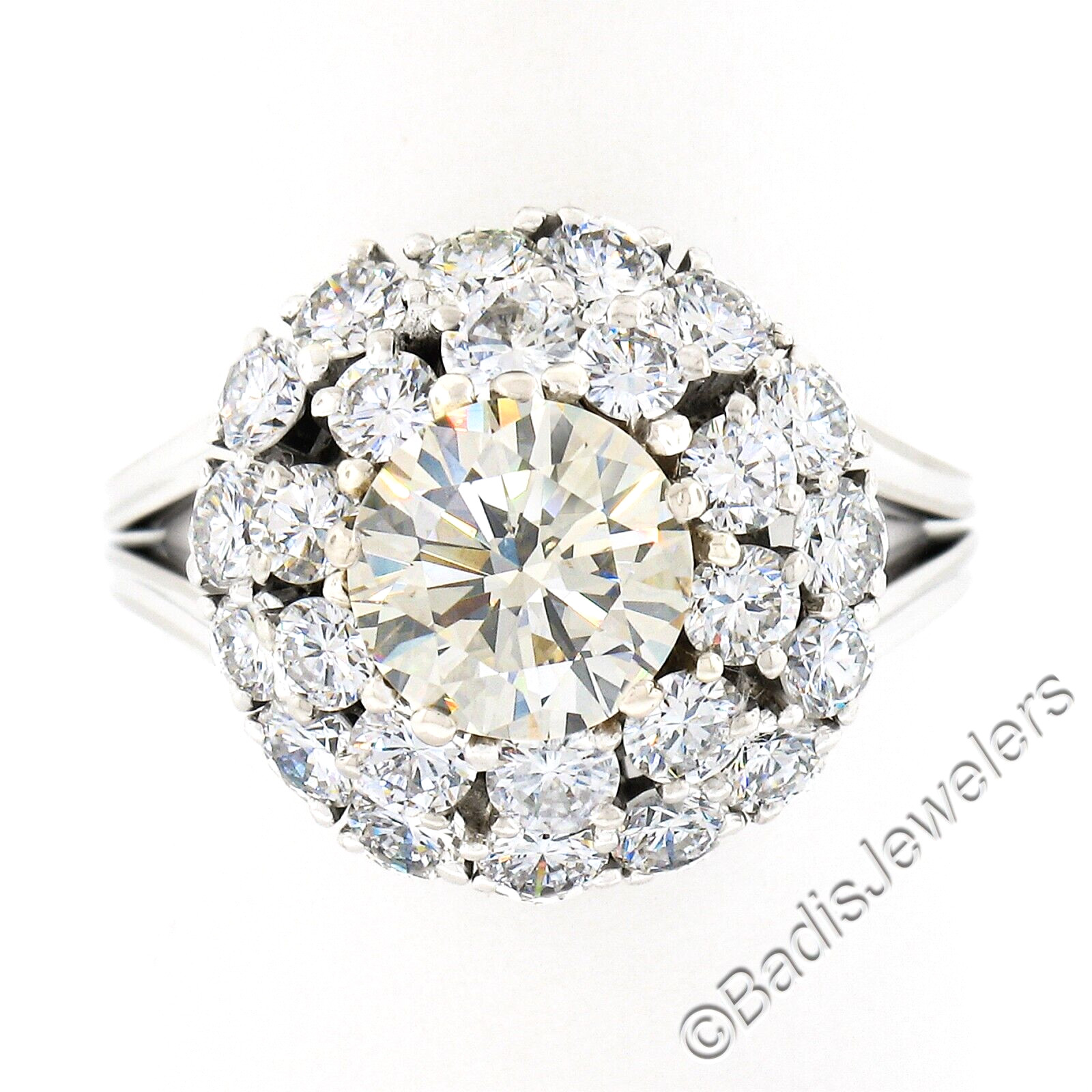 Vintage 18k Gold Light Yellow & White Diamond Double Tiered Halo Cluster Ring