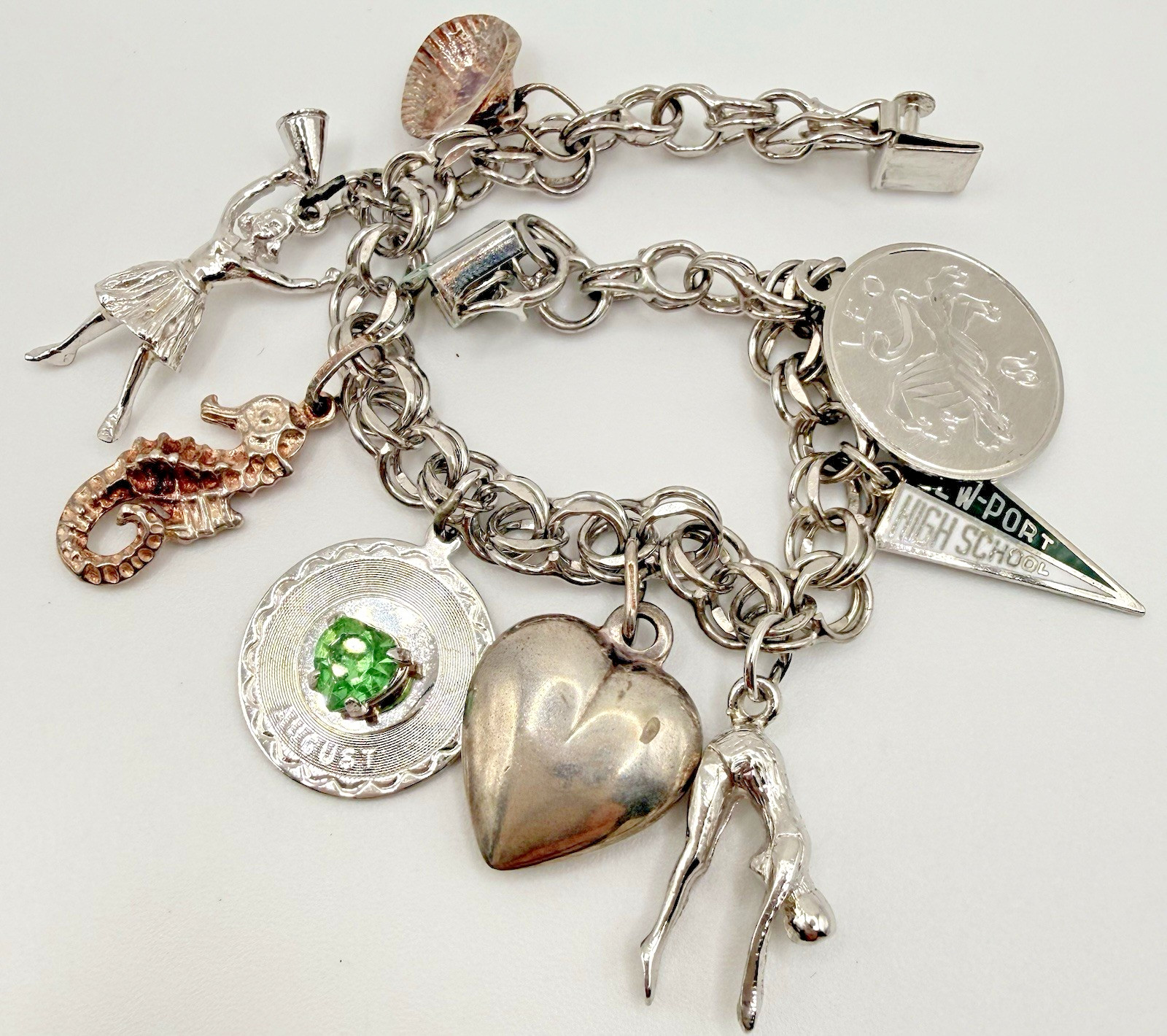 Sterling Silver Charm Bracelet Vintage Mixed Charms Heart Seahorse Cheer 30g U4
