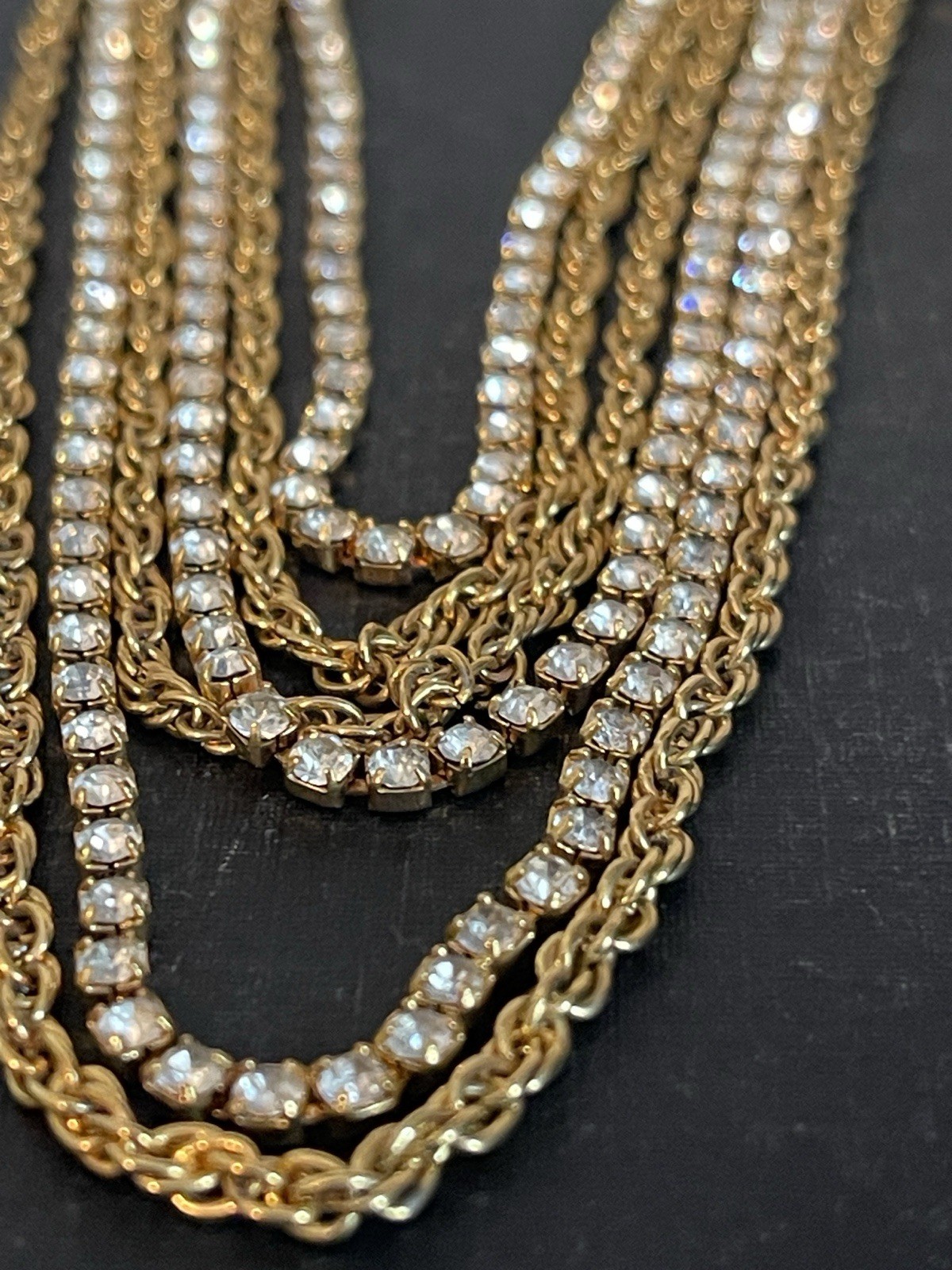 Vintage Multi-Strand Waterfall Rhinestone & Gold Chain Statement Necklace