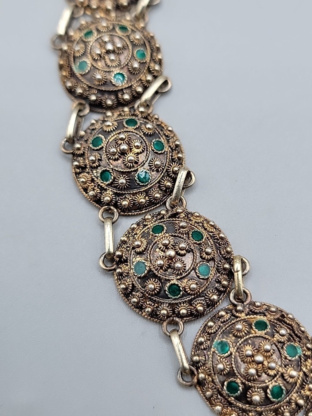 Antique Dutch 833 Silver Filigree Bracelet Green Glass Art Deco S-Hertogenbosch