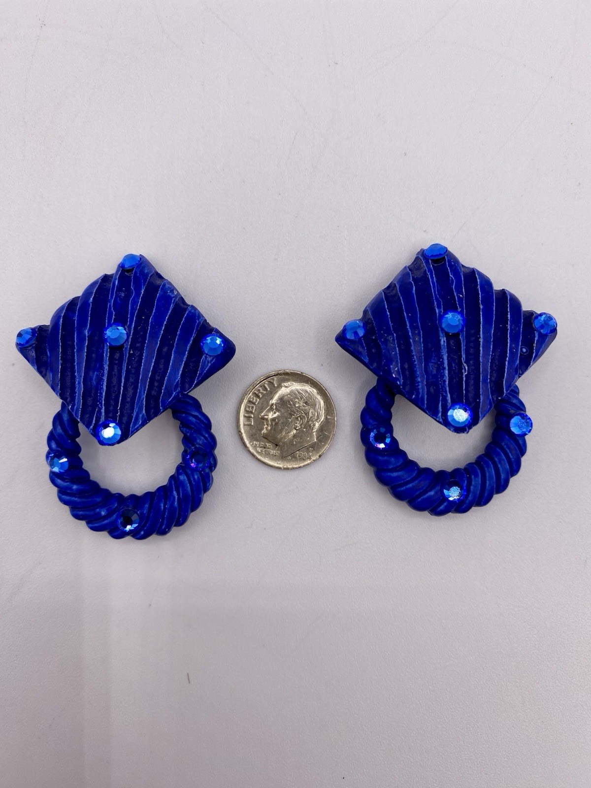 Jeff Lieb Signed Blue Rhinestones Clip On Earrings Squares W/ Detachable Circles