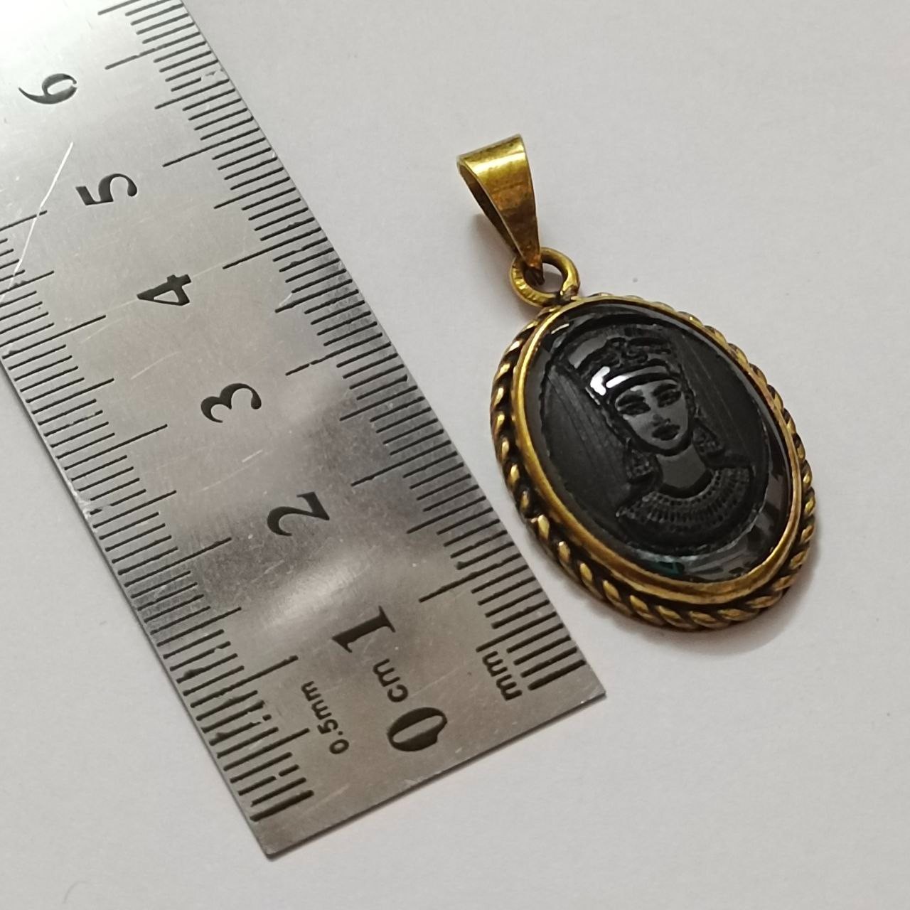 Vintage copper pendant with hematite stone, engraved Egyptian Queen design