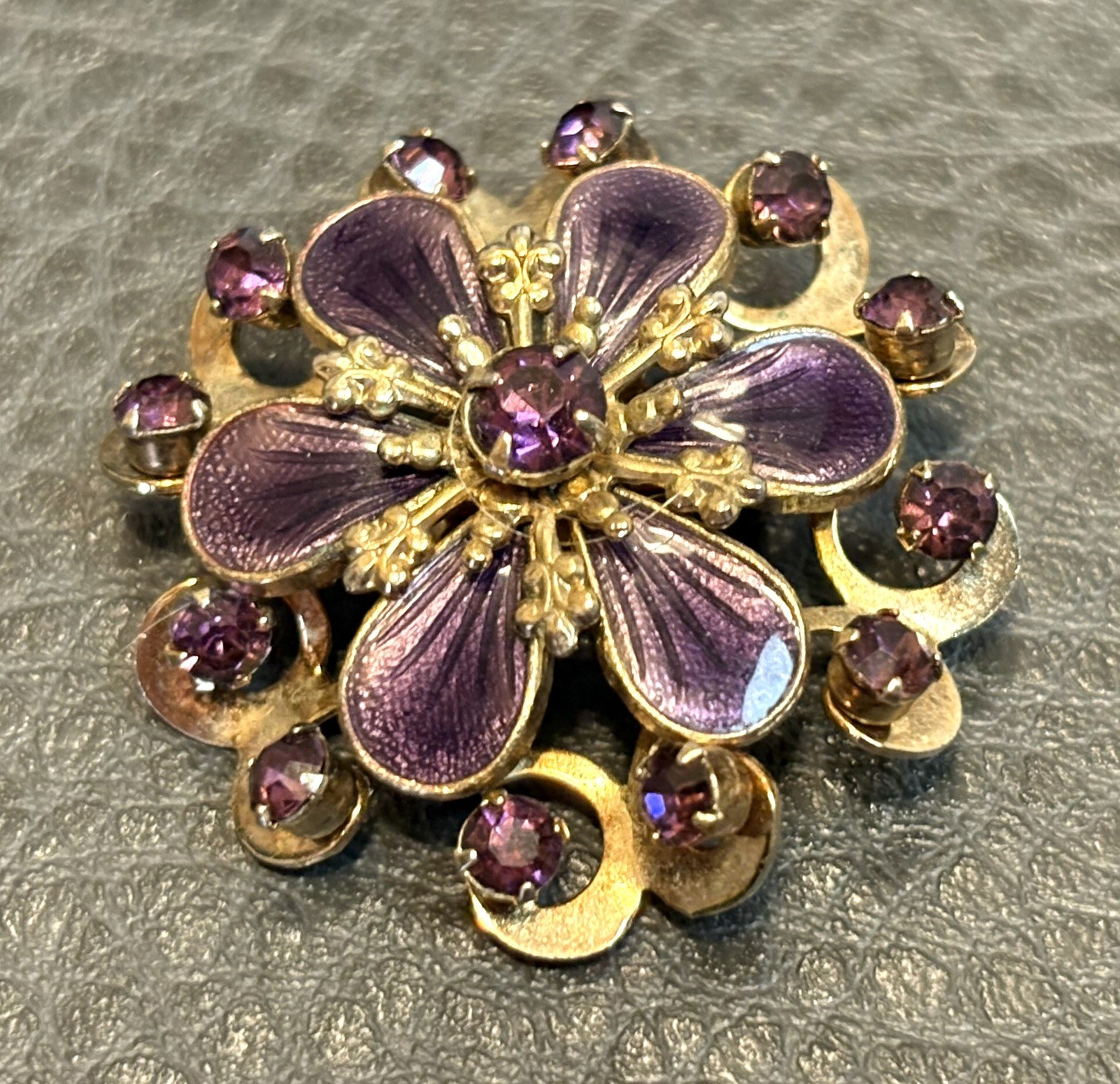 Vintage Faux Amethyst Guilloche Enamel Rhinestone FLOWER Shaped Pin Brooch