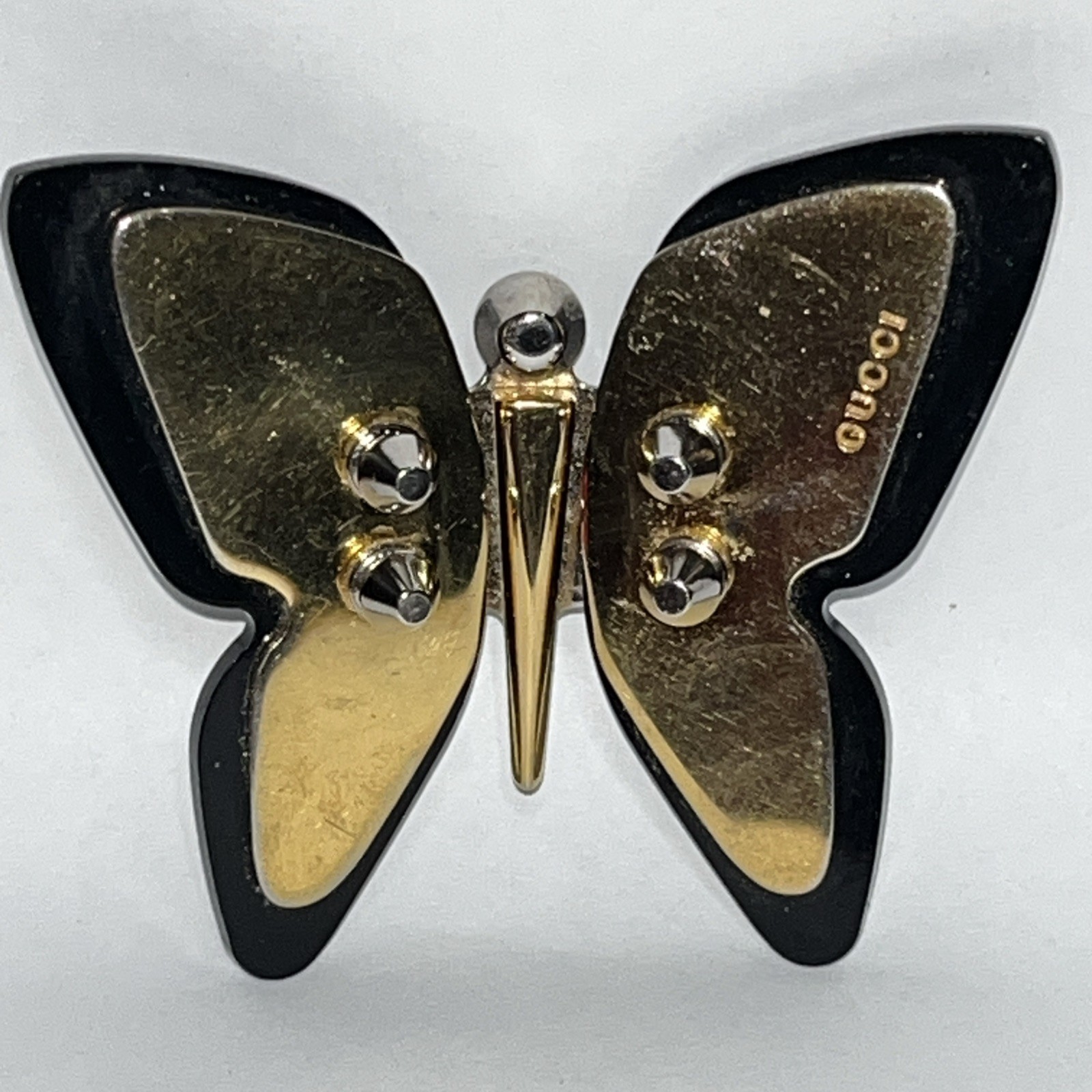 BUTTERFLY BROOCH PIN Layered Gold-Tone Metal & Black Acetate Resin 2.75″ READ