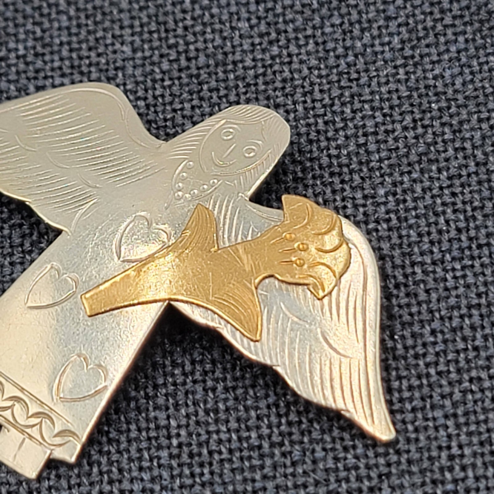 Vintage Angel Brooch Brass Mexico Silver 1.75″ Christmas