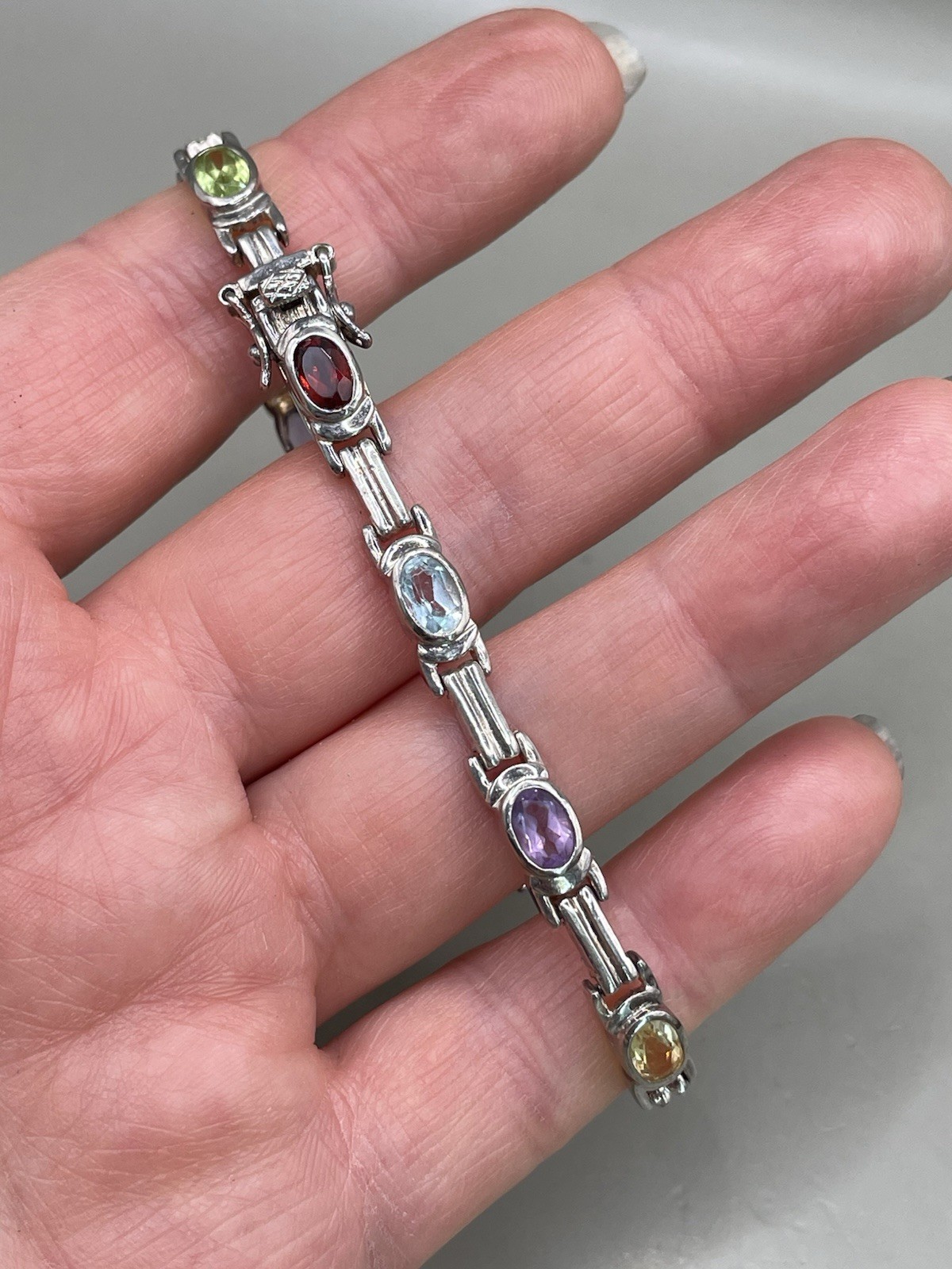925 Sterling Silver Signed DBJ Genuine Multi Gemstones Tennis 7.25” Bracelet