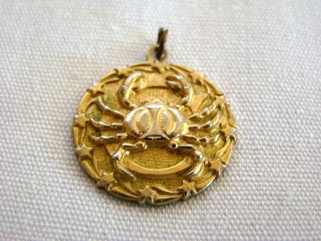 1970s Brass Plated Pendant For Choker Necklace, Floating CRAB CANCER Zodiac