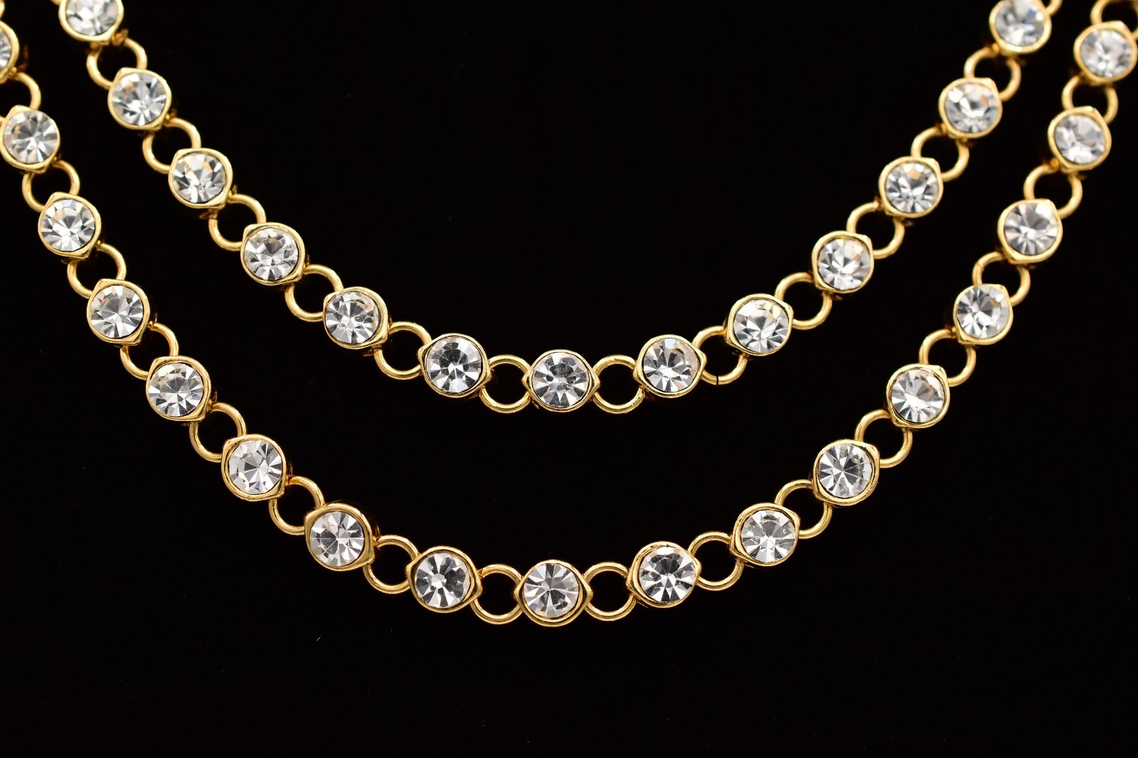 Vintage 50″ Gold Tone Clear Rhinestone Long Necklace Sparkle Crystal 1990s Bin3D