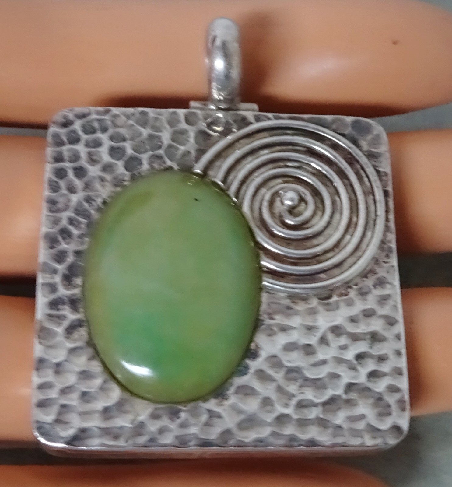 Large Square Hammered 925 Sterling Silver Pendant With Green Cabochon Setting