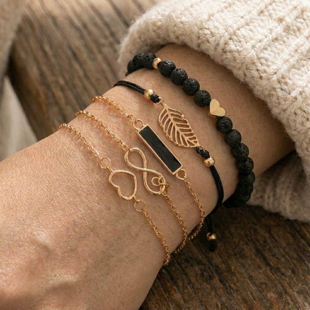 5pc Bohemian Bracelet Set Black Enamel Heart Bead Wrist Chain Women Gold Tone