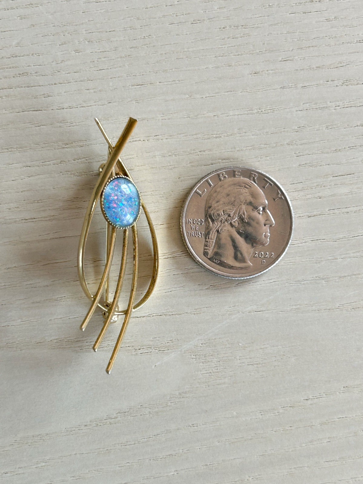 Vintage Mid-Century Modernist Gold Plated Blue Opal Brooch Pin, Rollover Clasp