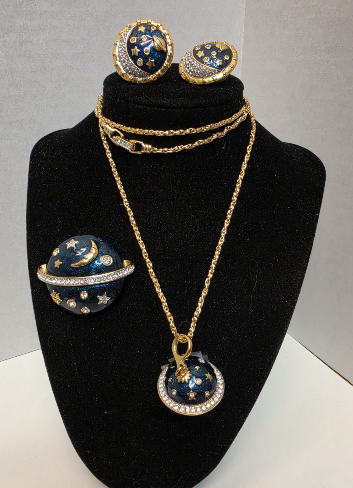 1980s Swarovski Celestial 4 Pc Set Necklace Brooch Earrings Star Moon Saturn HTF