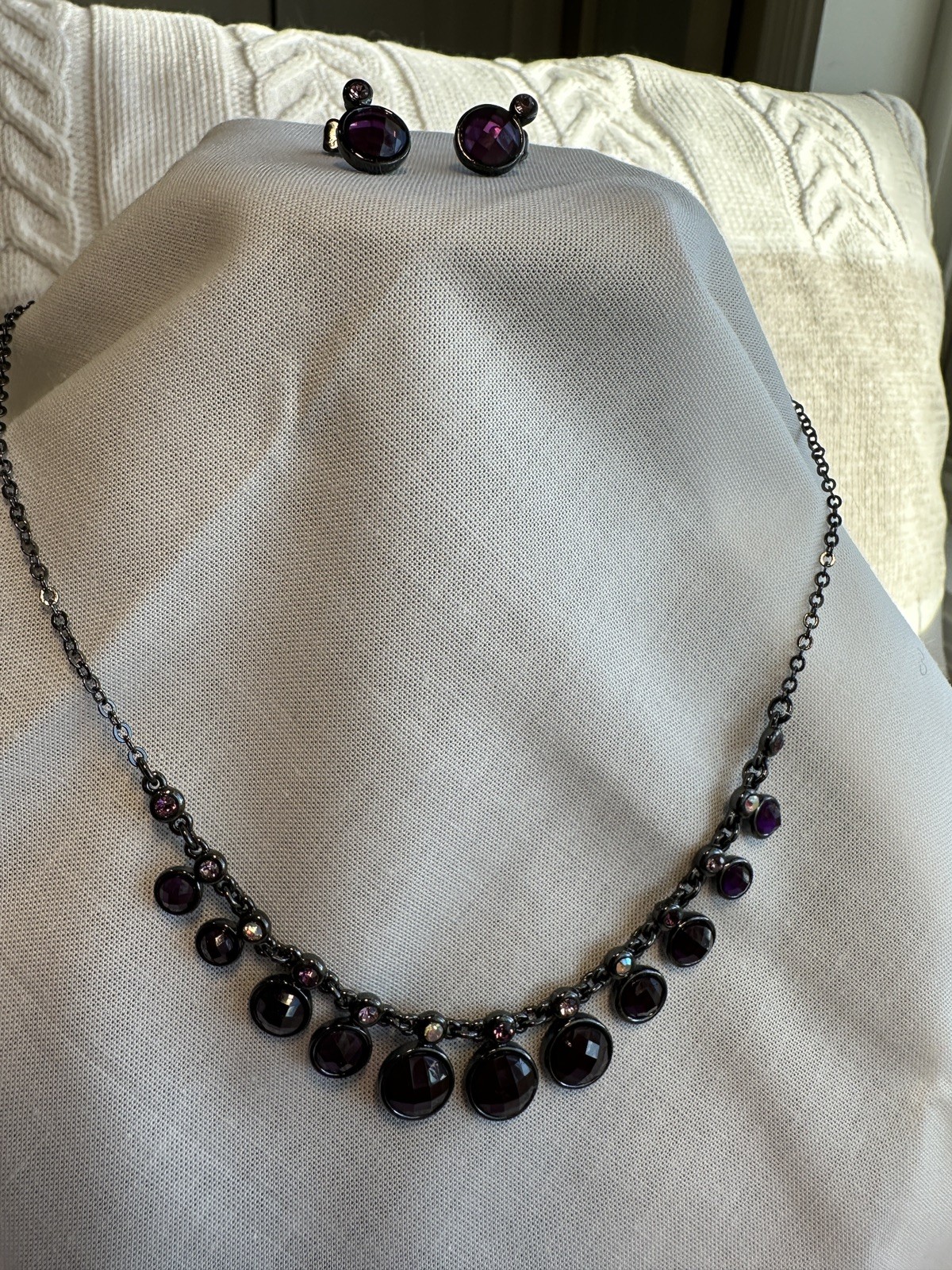 Vintage Avon Dark Purple Faceted Dark Grey Chain Necklace w Matching Earrings