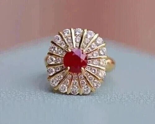 2Ct VVS1 Round Cut Lab Created Ruby Diamond Anniversary 14K Yellow Gold FN Ring