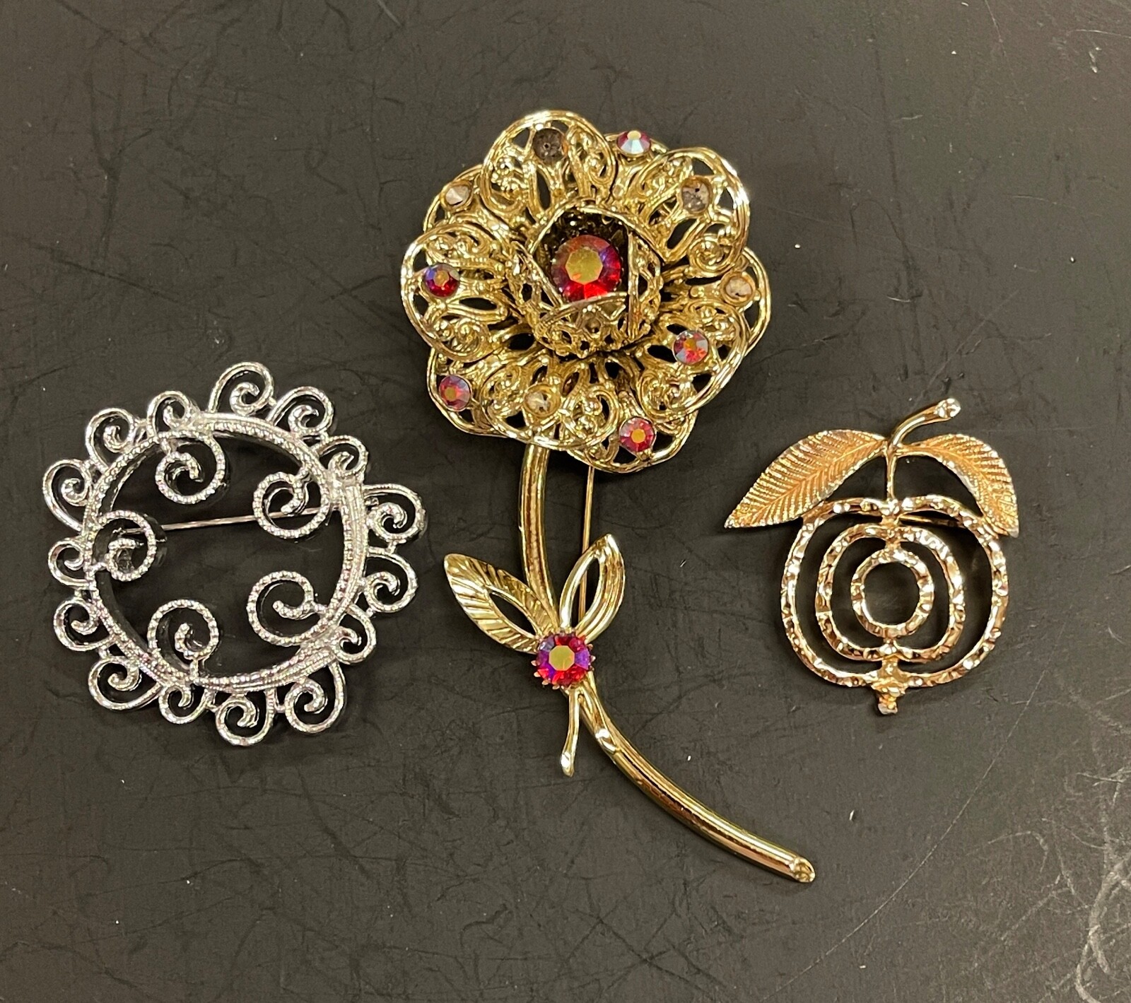 3 Sarah Coventry Signed Vintage Brooches Flower Apple Filigree