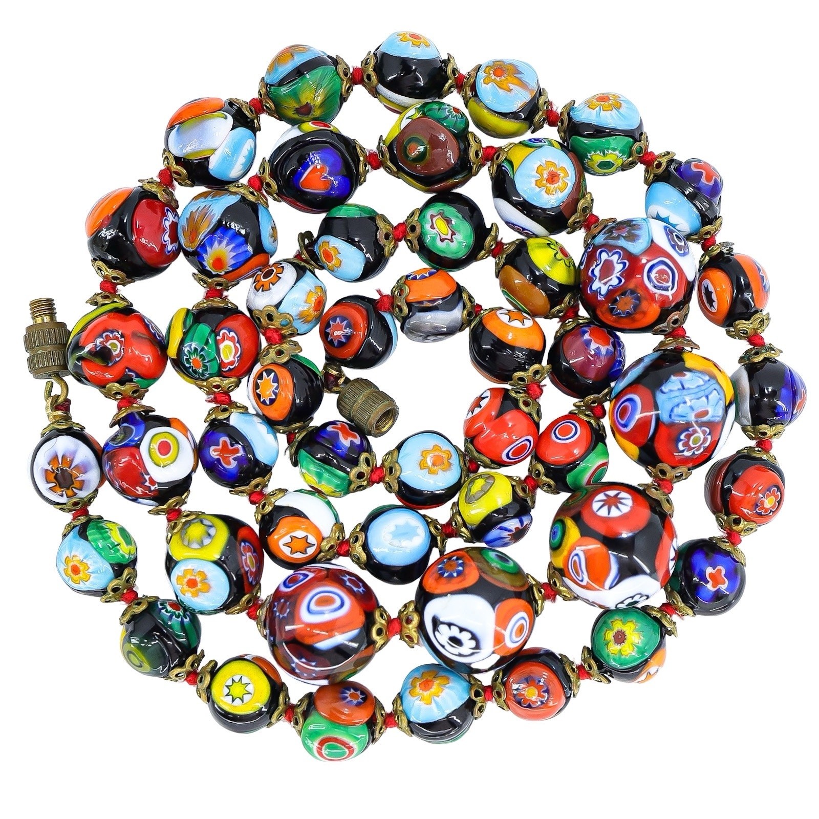 Vintage Venetian Millefiori Graduated Floral Bead Necklace 25in 8mm to 14mm