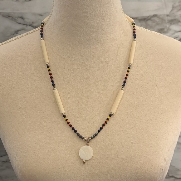 Handmade Women’s Tribal Style Necklace Beige/Multicolor 12.5 Inches