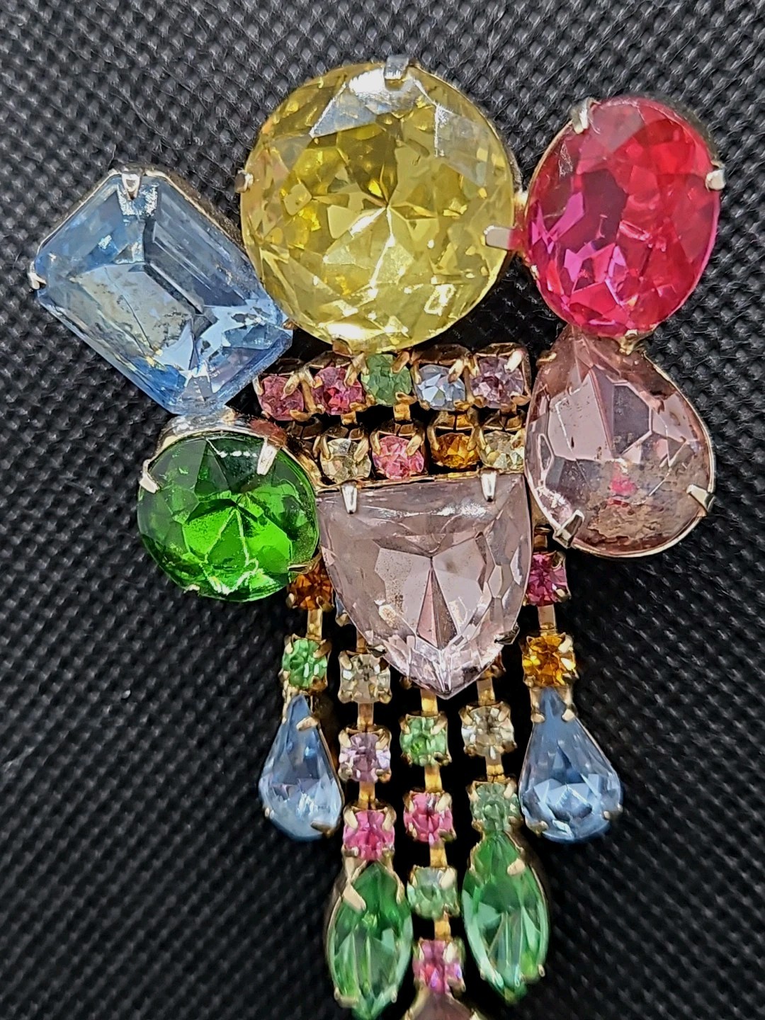 Vintage Chandelier Large Brooch & Earrings Multicolor Rhinestones Set