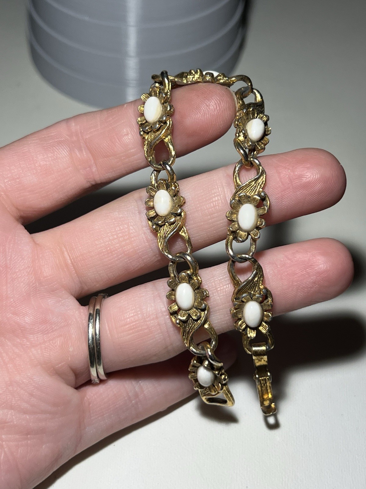 Vintage LJM Gold Victorian Revival Milk Glass Stone Bracelet 6.5”