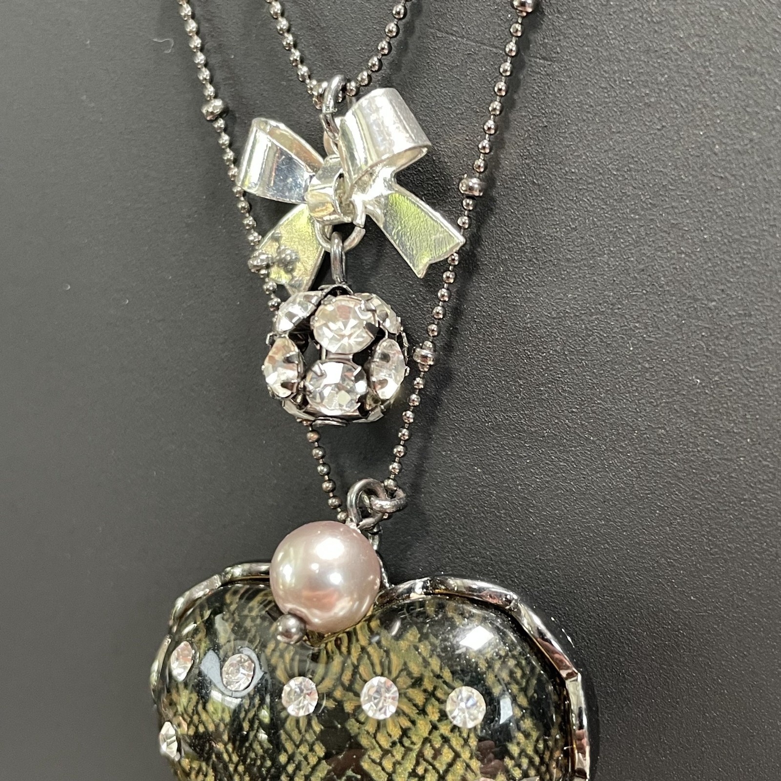 Gothic Betsey Johnson Snake Pattern Glass Heart & Bow Rhinestone Dual Necklace