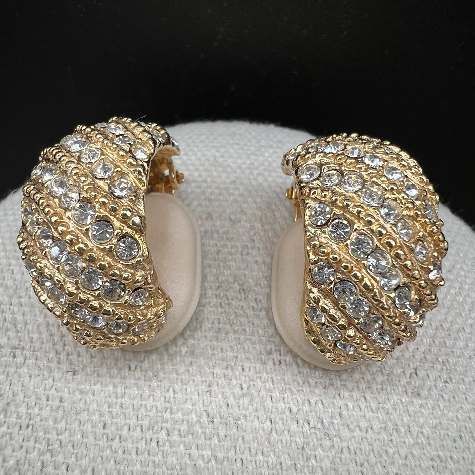 Vintage Gay Boyer Rhinestone Dome Clip Earrings Gold Tone Pave Glam Statement
