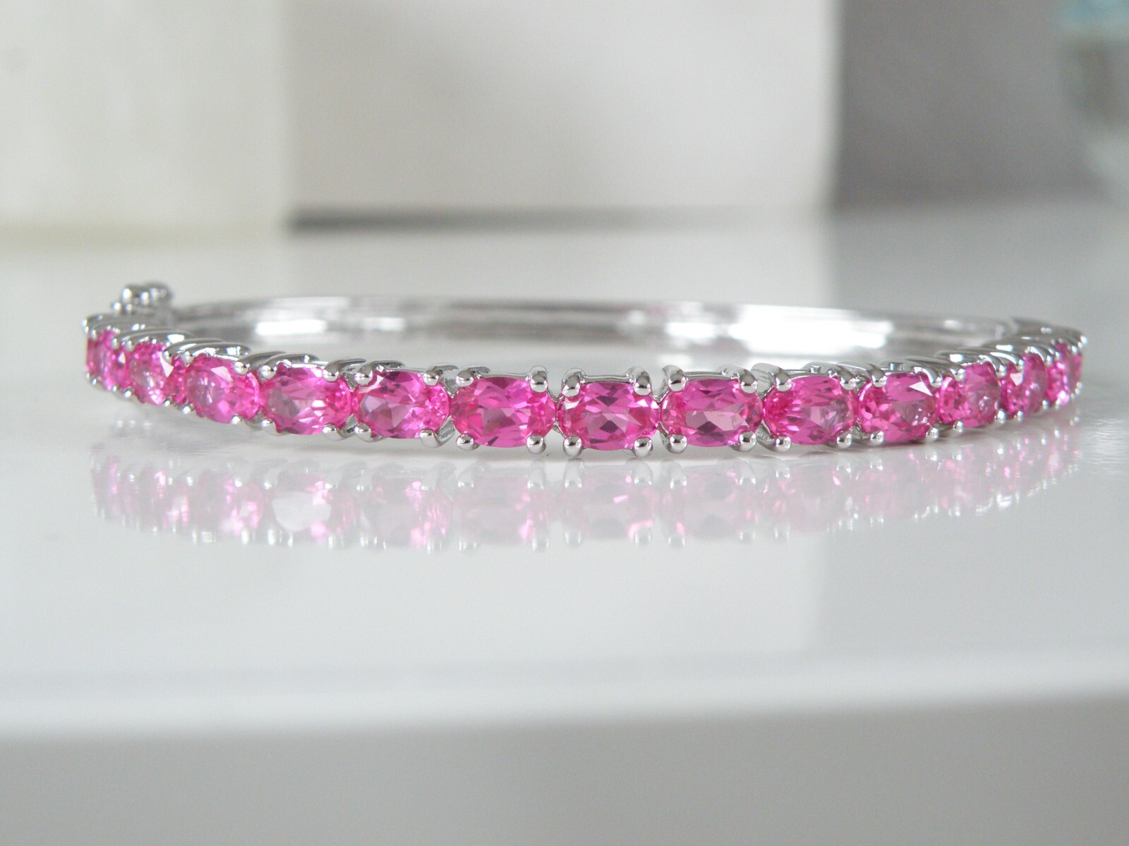 Vintage Sterling Silver 925 Lab Created Pink Sapphire Gemstone Bracelet 7.5″