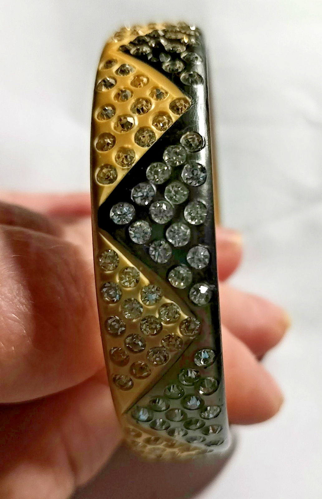 Antique Celluloid Rhinestone Bracelet -Chevron Pattern -Black & Ivory