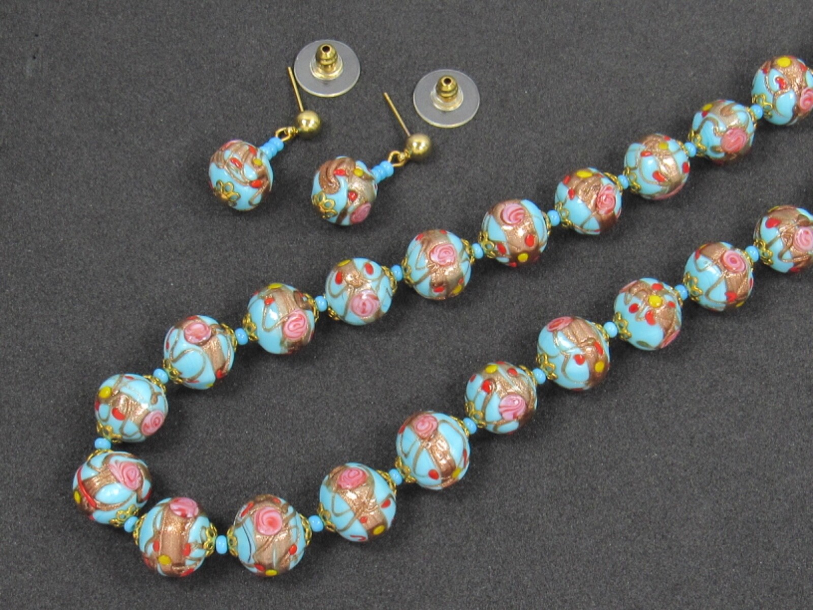 Italy WEDDING CAKE Gold Pink Red Blue Bead Strand NECKLACE Pierced EARRINGS SET