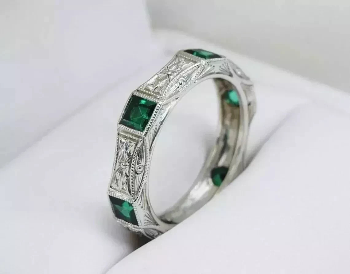 2Ct Art Deco Style Lab Created Emerald Anniversary 14K White Gold Finish Ring