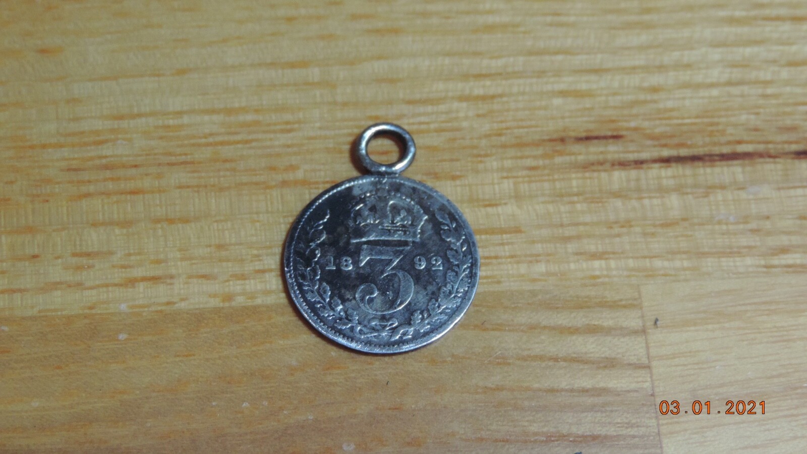 Antique Queen Victoria Silver 3 Pence Coin Charm 1892 Great Britain