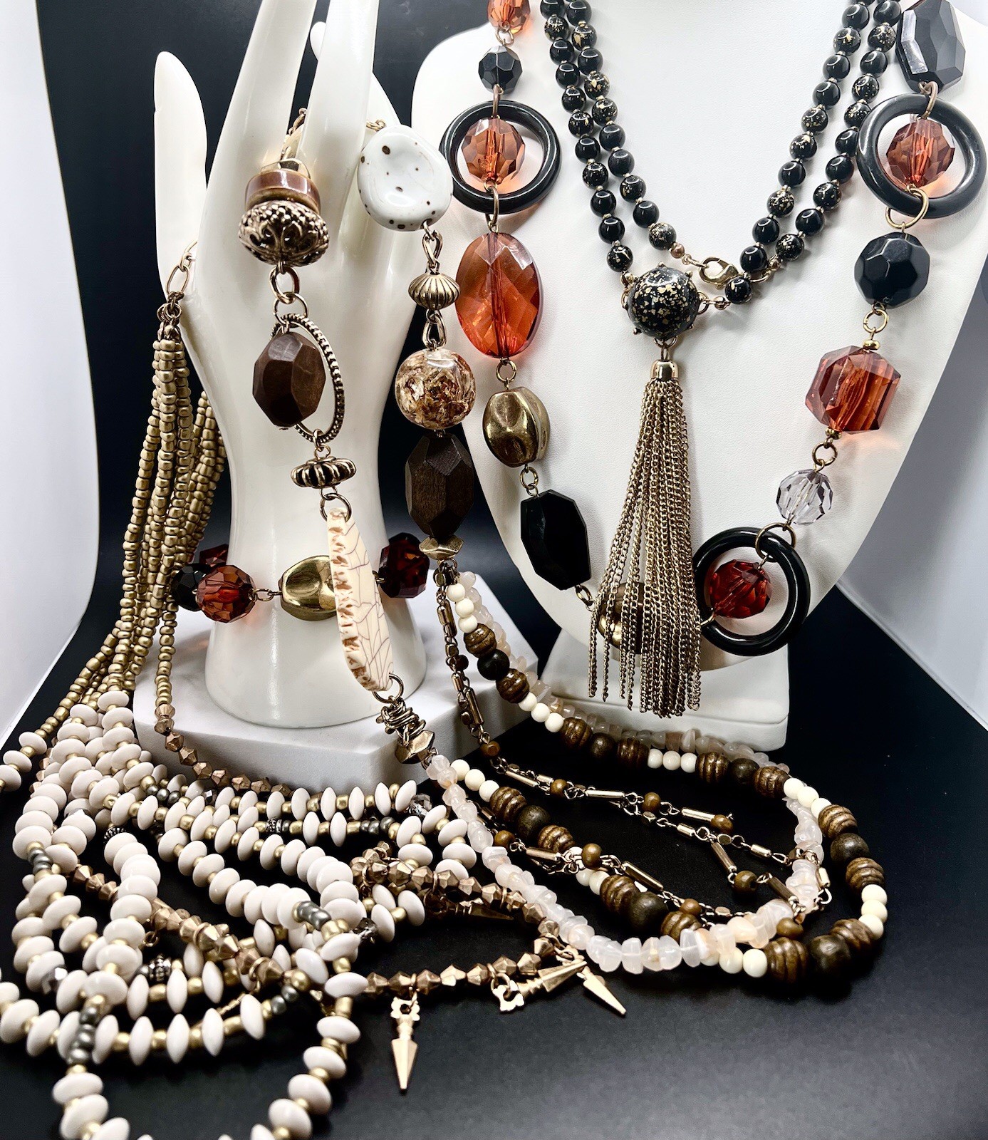 Vtg -Now Estate Gold Tone / Beaded Boho Tribal 5 Pc. Lot 4 Necklaces 1 Bracelet