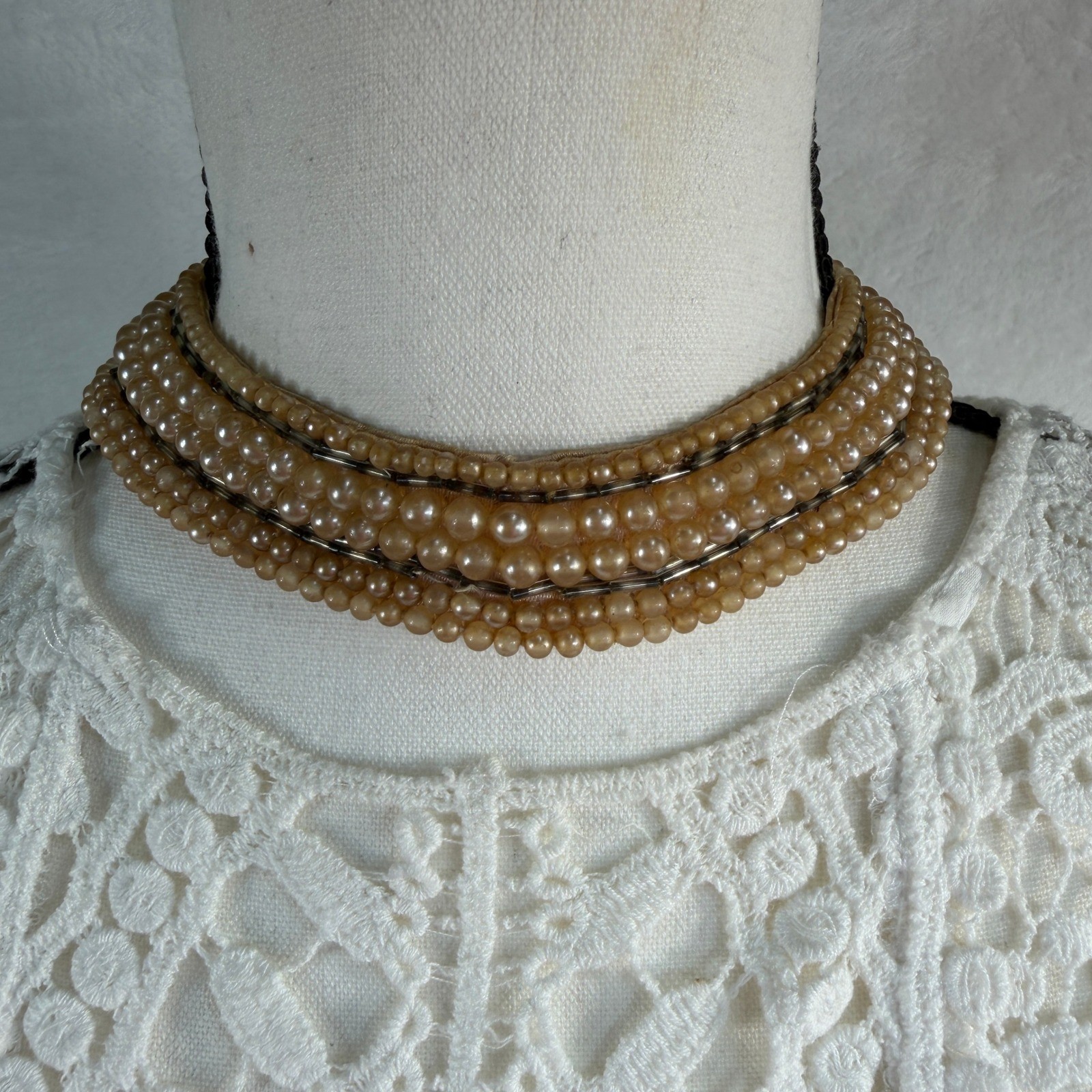 Vintage Necklace Choker Collar Faux Pearl Beaded Mid-Century Old Hollywood Glam