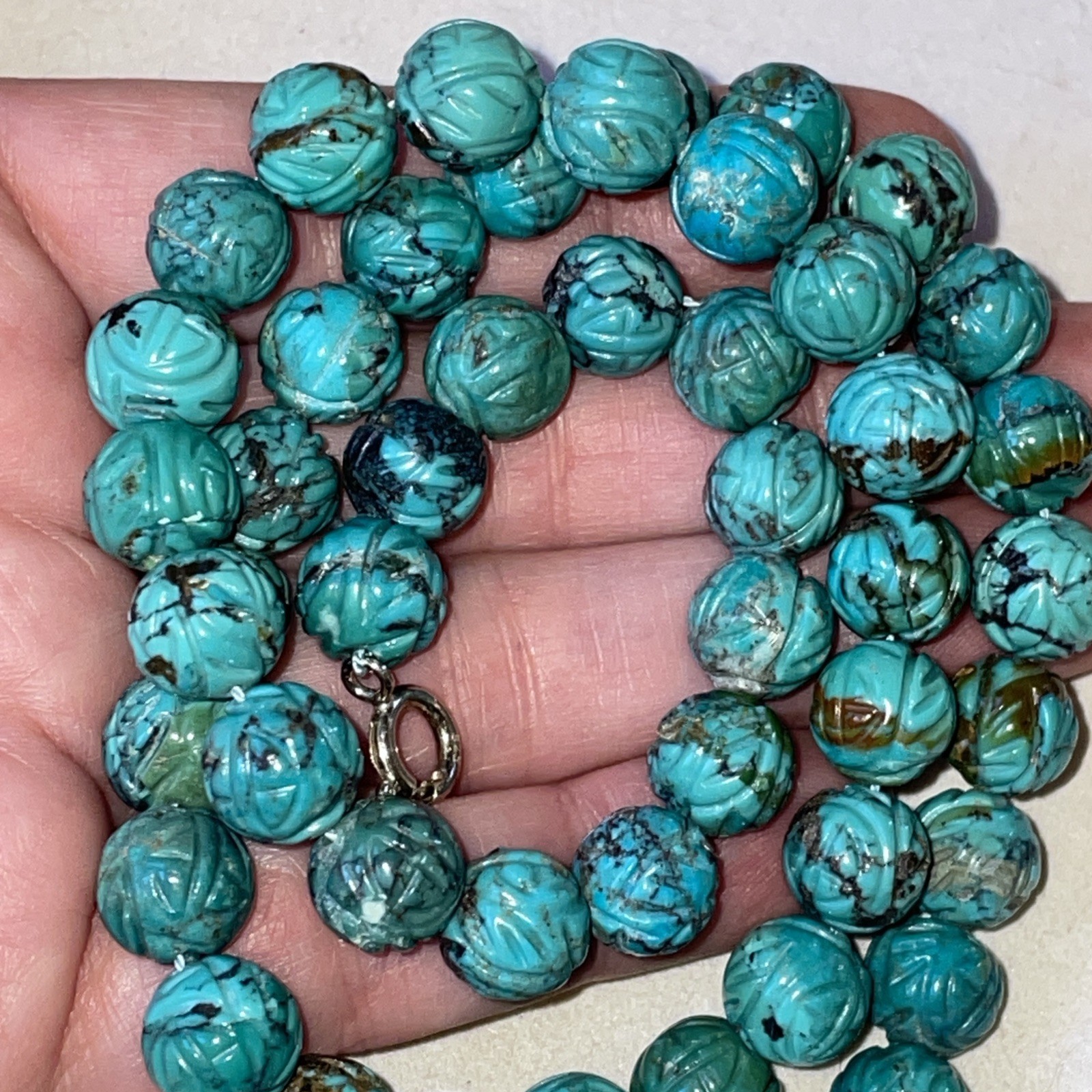 Vintage Chinese Turquoise Carved Shou Bead Necklace Sterling Silver 21” Long