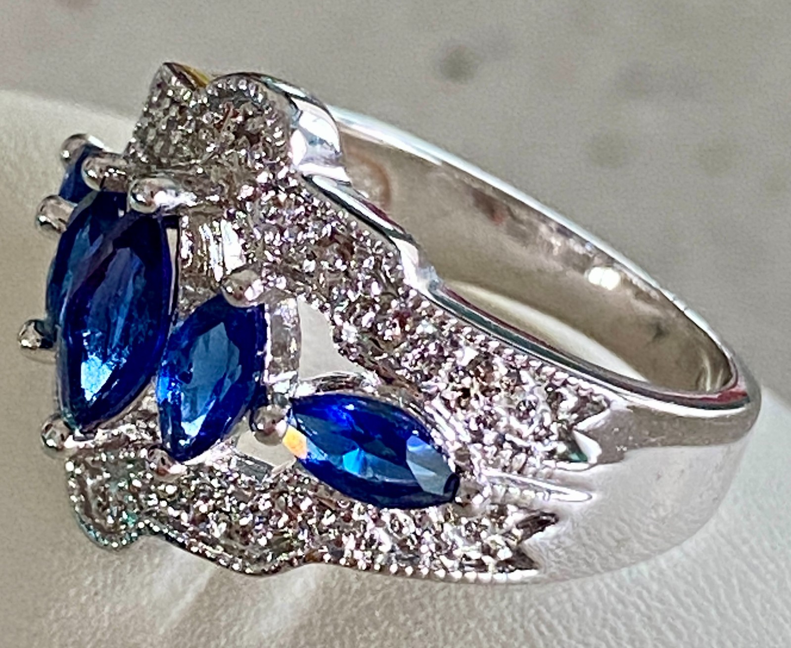 Faux Sapphire Crystal Statement Cocktail Ring Marquise Cut Prong Set Band Size 8