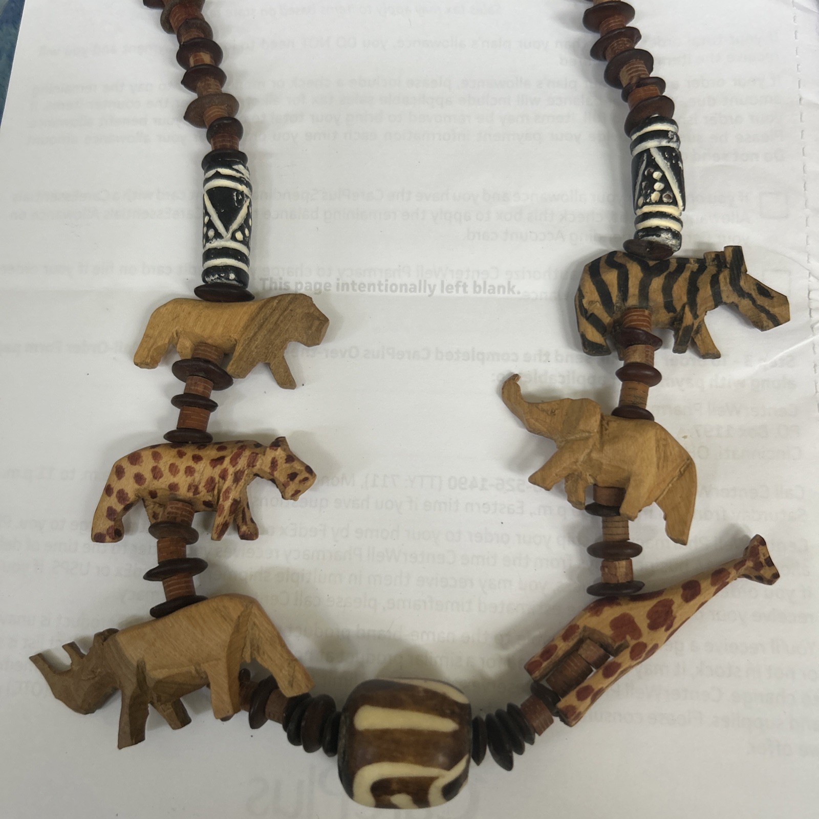 Vintage African Necklace Hand Carved Wooden Safari Animal Beads 24” Giraffe 🦒 ￼
