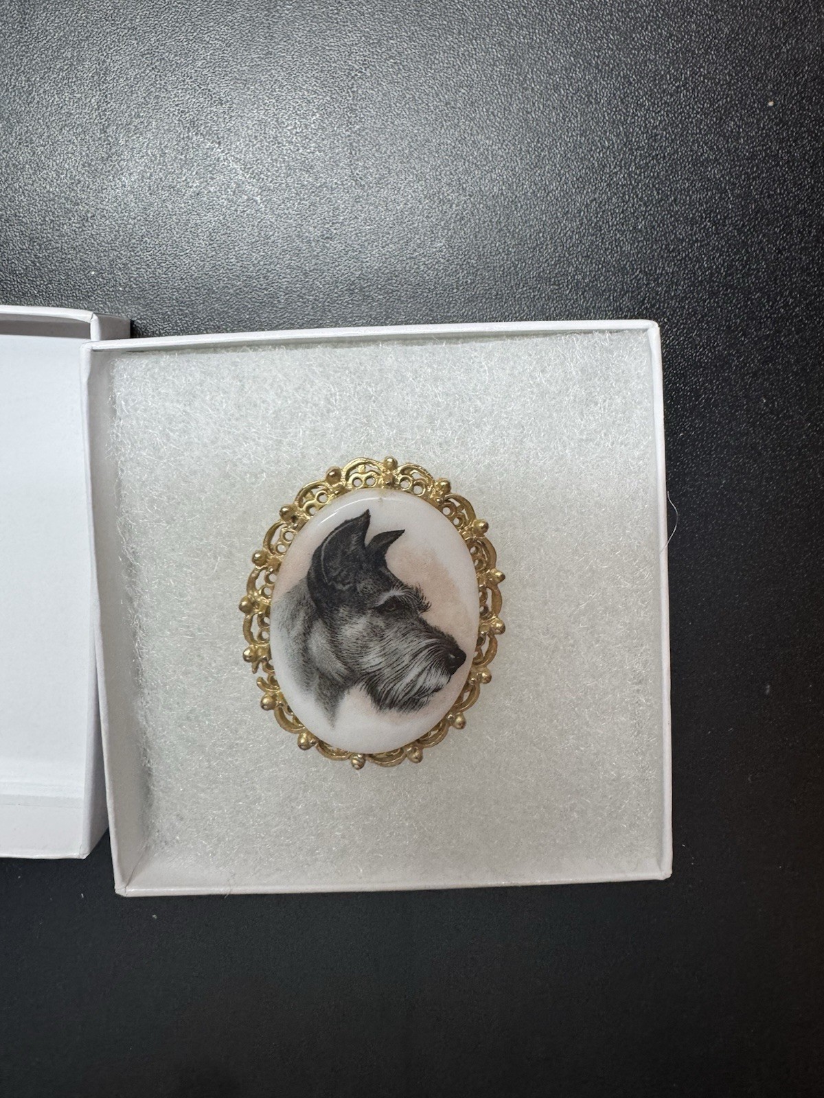 Vintage Painted Porcelain Schnauzer Dog Cameo Brooch W/ Gold Brass Ornate Frame