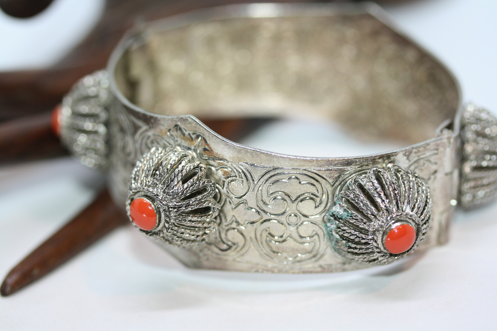 Vintage Silver Alloy Metal Ladies Jasper Bangle 20MM Wide Bracelet 7″ Heavy 64Gr