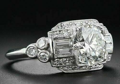 Art Deco Style Old European Lab Created Diamond Wedding 14K White Gold FN Ring