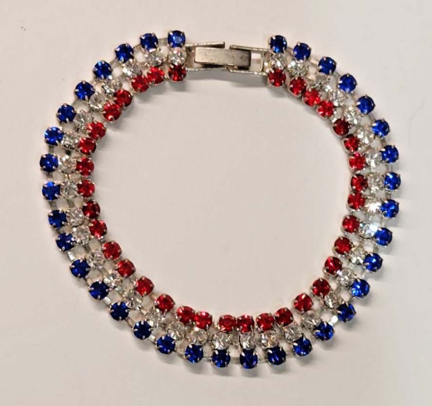 Vntg Red White Blue Prong Set Rhinestone Tennis Bracelet Patriotic 4th of July