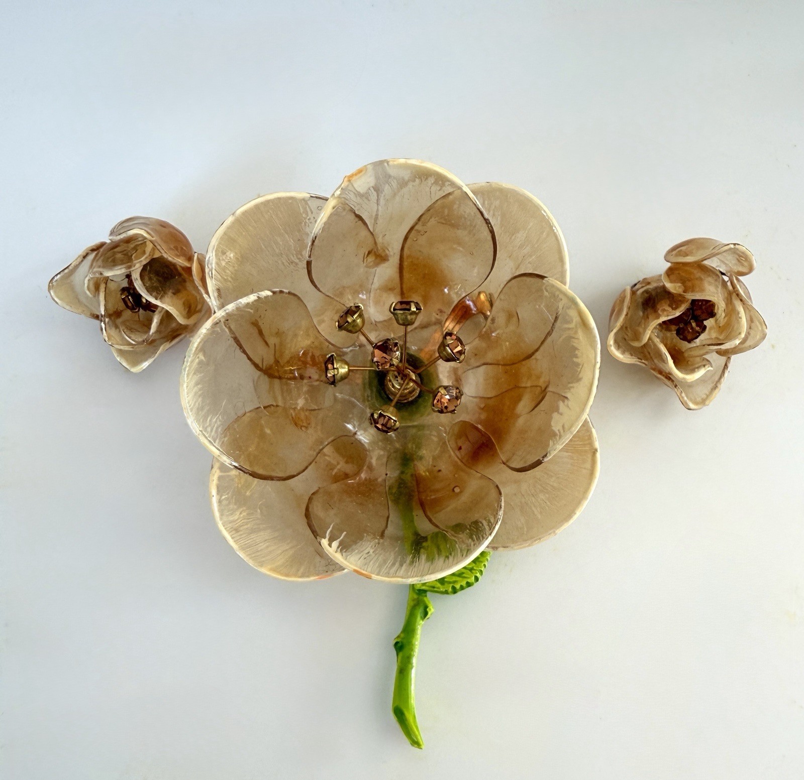 Cellulose Acetate Rhinestone Flower Brooch Earring Set Amber Demi Parure 50s Lot