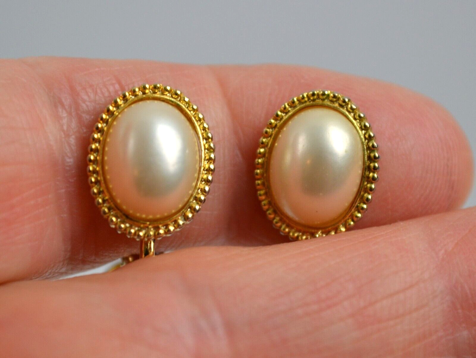 Vintage Gold Tone Clip On Earrings with Oval Faux Pearl Center .75″
