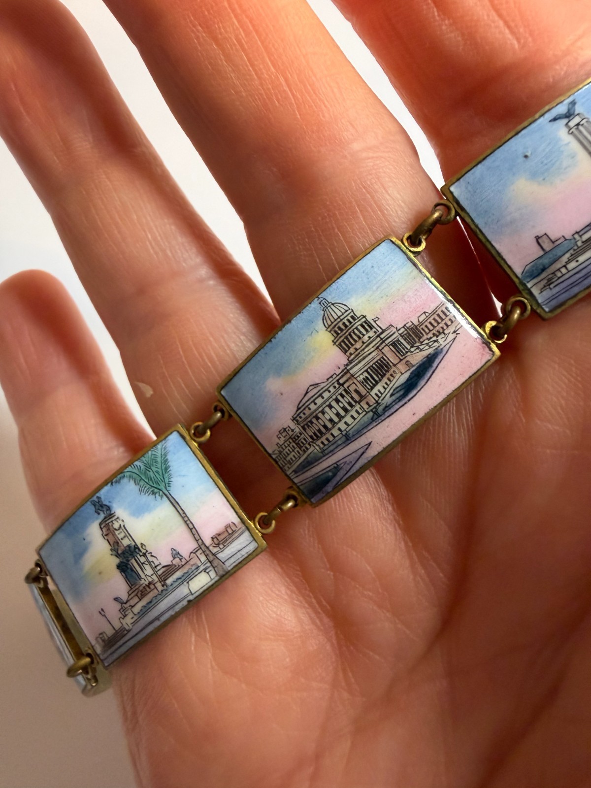 Vintage Havana Cuba Enamel Souvenir Travel Bracelet Panel Links Mid-Century