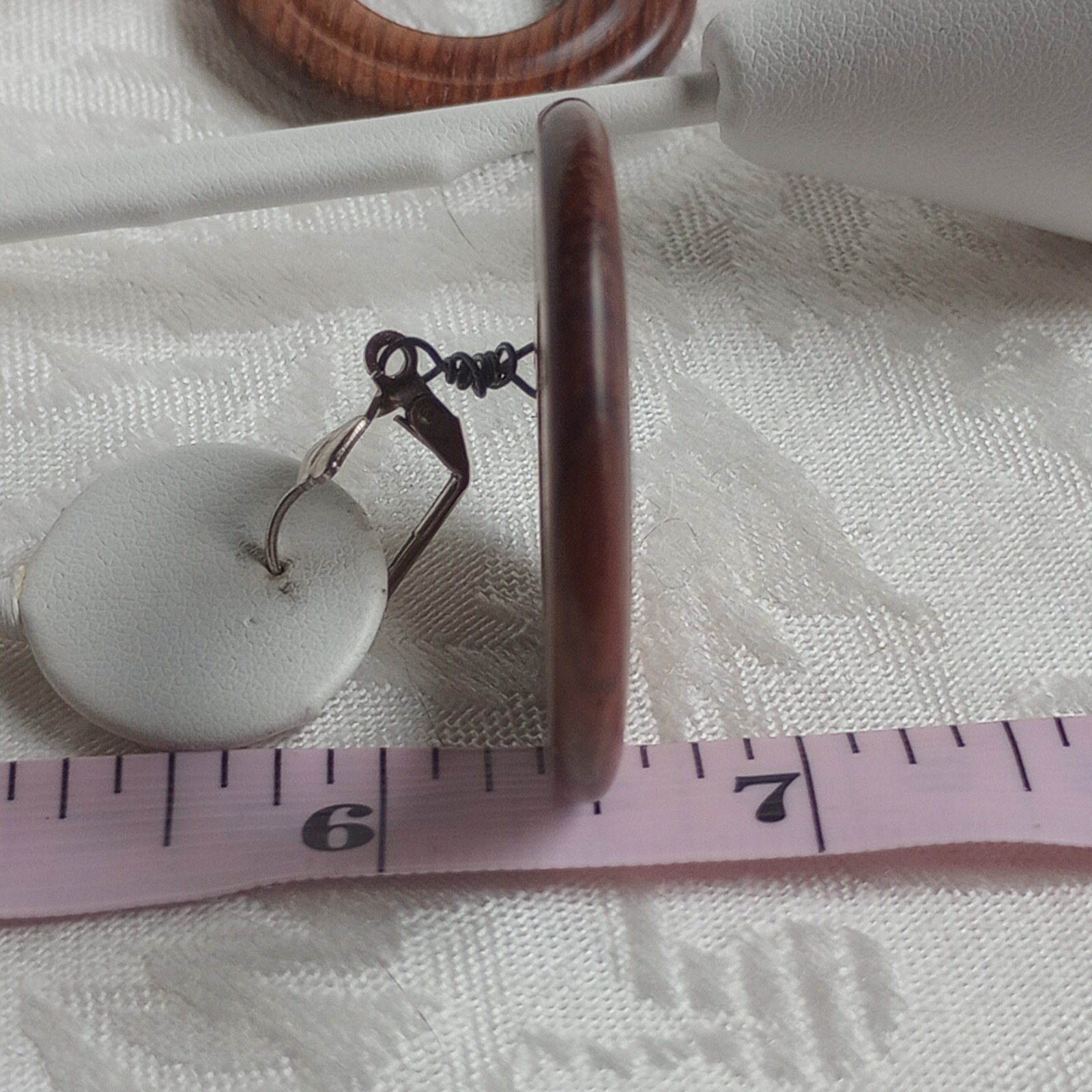 Vintage Dangle Drop Earrings Faux WOOD hoops donuts 70s lever back