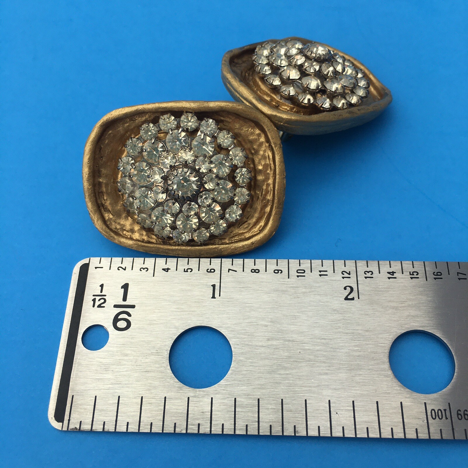 Vintage MCM JEFF LIEB Gold Earrings MID-CENTURY BRUTALIST DESIGN 72 Stones USA