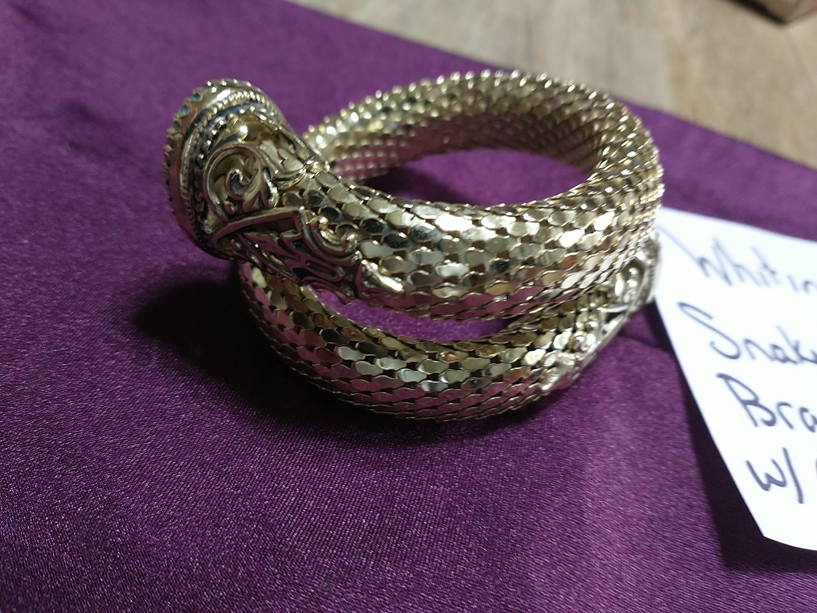 VINTAGE WHITING & DAVIS Mesh Snake Wrap Bracelet Green Peking Glass Cabochon